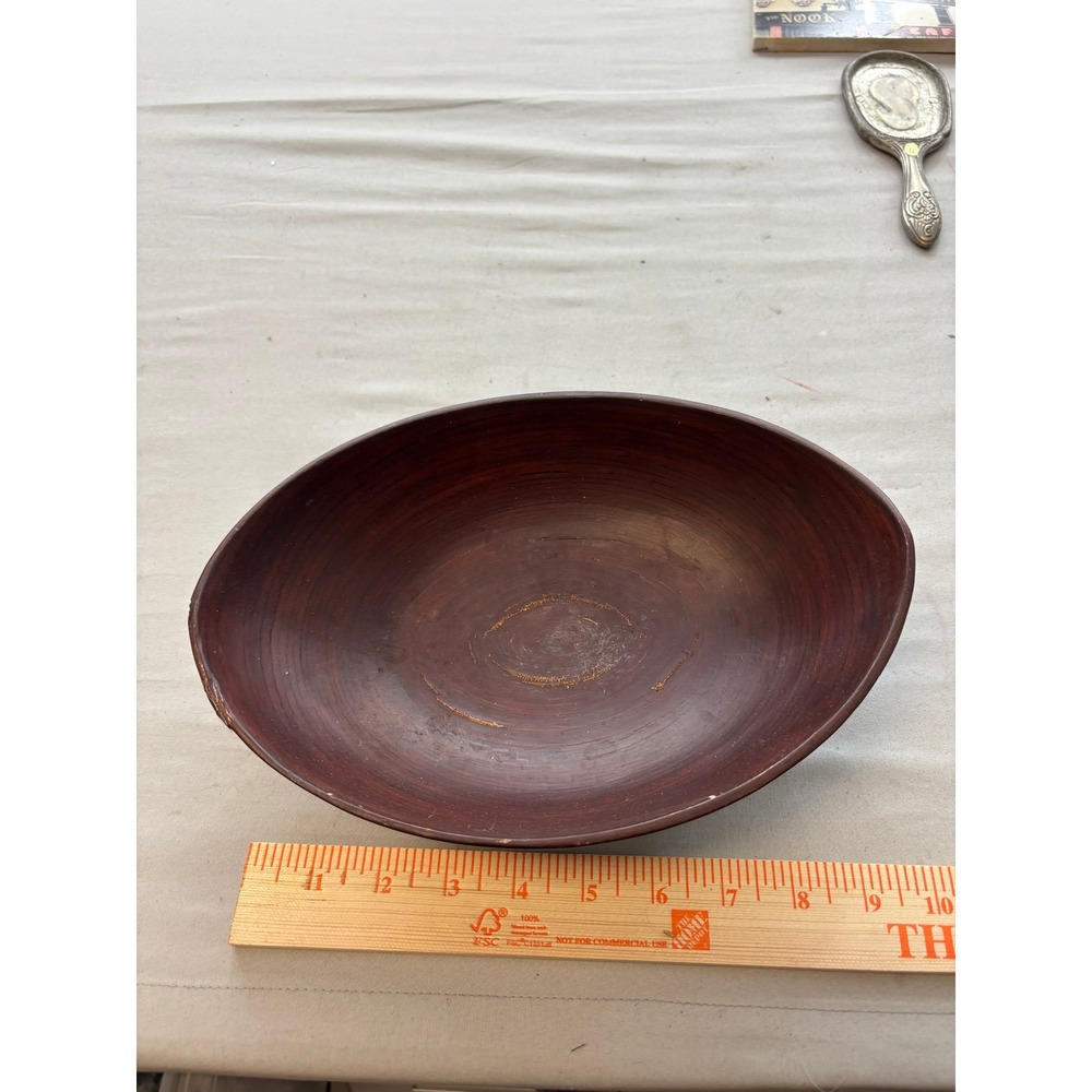 Vintage Oval Wooden Bowl Handcrafted Dark Walnut Finish Decorative Centerpiece